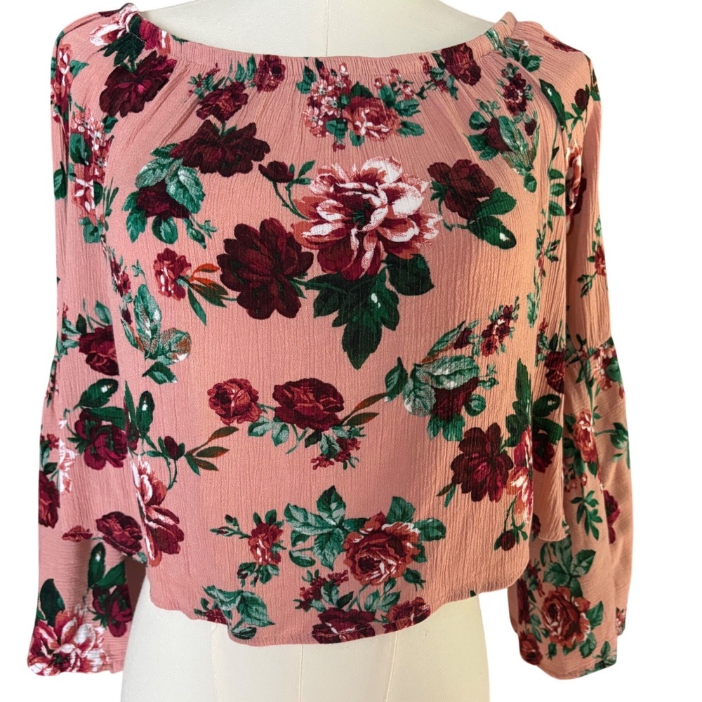 Ambiance Pink Floral Off the Shoulder Bell Sleeve Crop Top Small Rose Print